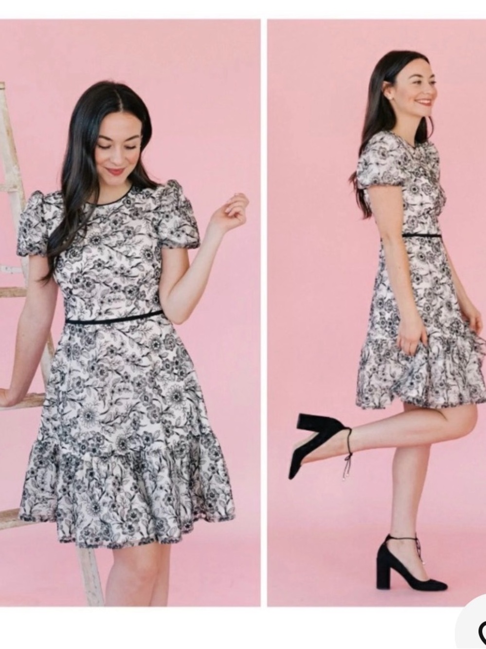 Gal Meets Glam Black & White Floral Puff-Sleeve Mini Dress with Trim